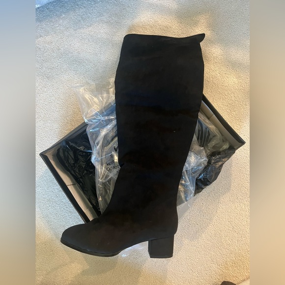 Eloquii over the knee faux suede extra wide calf boots in black - Main Image